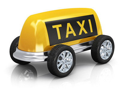 具有创意的出租车概念黄色出租车屋顶牌轮和白色的车轮产生反射效果图片