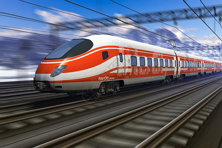 红色现代高速火车通过雪山站运动效果模糊图片
