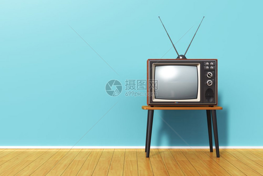 创意抽象的3D显示旧的电视机的插图上带有天线与室内的蓝色古旧墙背景和木板地相对照图片