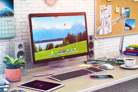创意抽象的3D表示对现代办公室业务或家庭工作空间设计内部的平板视图台式计算机PC在木制桌上用白色显示器屏幕和其他物体智能手机平板图片