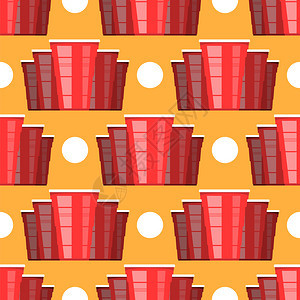 BeerPong锦标赛红塑料杯和橙色背景的白网球党娱乐游戏传统饮酒时间啤蓬锦标赛红塑料杯和白网球传统饮酒时间图片