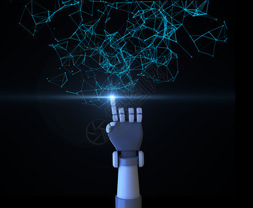 数字据和网络连接三角线用数字据和网络连接的机器人手指针在未来的技术概念中以黑色背景隔离图片