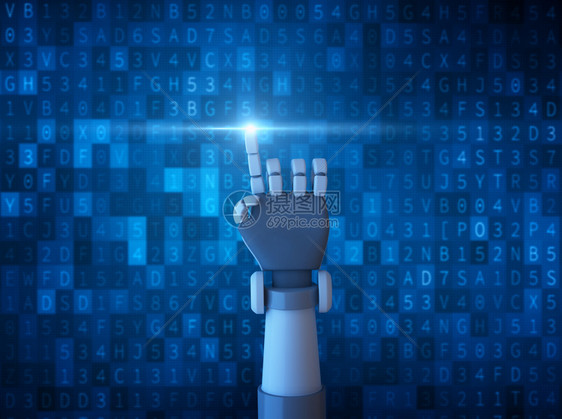 在未来技术概念中在计算机数据代码背景中机器人手指用光法与计算机数据代码背景隔离图片