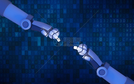机器人双手在蓝电脑数据代码背景上指向对方未来技术概念中的未来技术概念图片