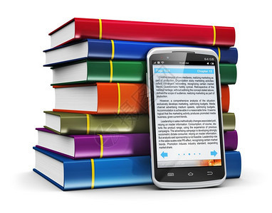 电子图书媒体教育和文学读概念现代光滑商业触摸屏智能手机有书籍阅读应用程序有文字和一堆白色背景的彩硬封面书籍图片