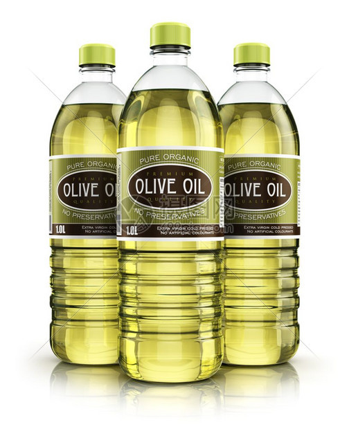 3D表示三瓶装有黄精炼橄榄油或白底有机脂肪的塑料瓶图片