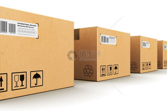 具有创意的抽象航运物流和零售包裹货物交付商业概念一排在白色背景上孤立的装有节纸箱包图片