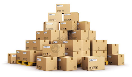 创意抽象货物交付和运输流仓储业商概念3D表示木制货盘上的堆叠纸板箱群或堆积在白色背景孤立的木制货盘上图片