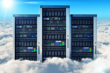 具有创意的抽象云计算大数据和机网络通信技术业务概念3D用云来说明蓝天空中的网络服务器群图片