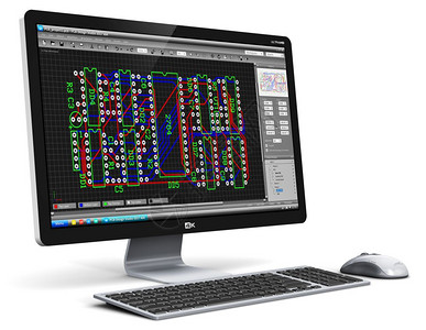 创新的抽象电子装置路板设计行业技术商概念3D演示专业台式计算机化工作站将多氯联苯开发软件孤立在白色背景上图片