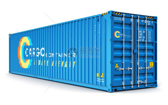 具有创意的抽象航运物流和货的商营业贸易工概念3D将蓝色40英尺金属货集装箱以白背景隔开图片