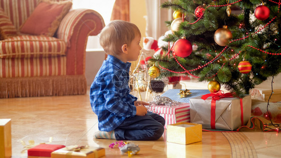 男孩坐在地板上看着圣诞树图片