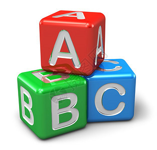 回到学校和教育概念ABC彩色闪光立方体白背景上孤立的字母图片