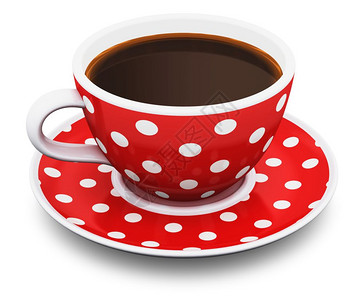 3D表示红色瓷杯或配有彩色波尔卡点装饰品带有热新鲜的美洲黑人咖啡或白底孤立的阿拉伯咖啡图片