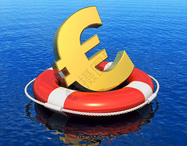 欧洲金融危机的概念在蓝色水面漂浮的生命保护带中金欧元符号并产生反射效果图片