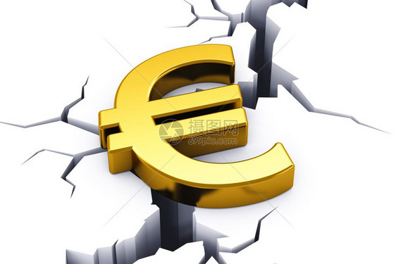政治和经济概念欧洲联盟的金融危机金光闪亮的欧元货币符号往跌落到白地的裂缝图片