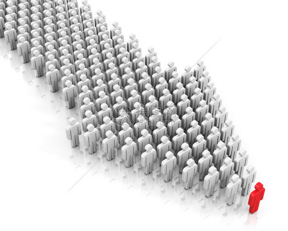 创造抽象商业领导成功和社会交流概念一组白色的3D人以箭形排列由单一的红色数字领导孤立在白色背景上产生反射效果图片