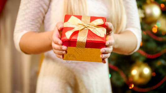 女站在圣诞树上拿着红礼盒带金丝的红礼盒女站在圣诞树上拿着红礼盒带金丝的红礼盒近相图片