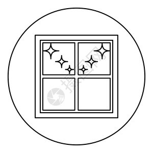 窗口俯视夜恒星在圆轮形大纲矢量插图中显示黑色标图片