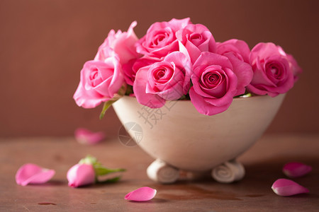 花瓶中美丽的粉红玫瑰花朵图片