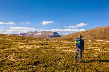 背包在挪威山上旅行的徒步者Dovrefjell图片