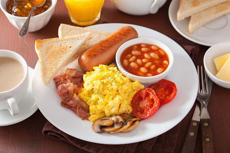 全英式早餐鸡蛋培根香肠豆子番茄图片