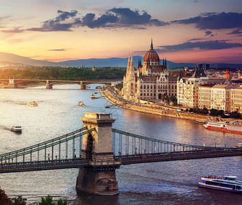 匈牙利国会和著名的布达佩斯日落时桥图片
