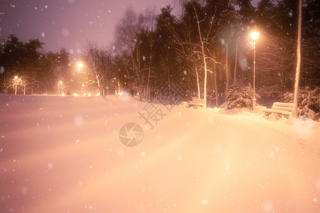 夜间冬季雪瀑布城市的小巷明亮公园图片