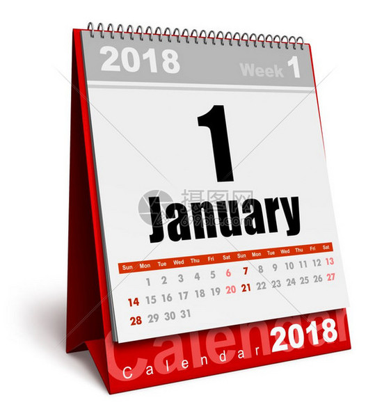 创新年抽象摘要开始庆祝2018新年商业概念3D将红色办公室台式桌面的插图2018年月208日历孤立在白色背景上图片