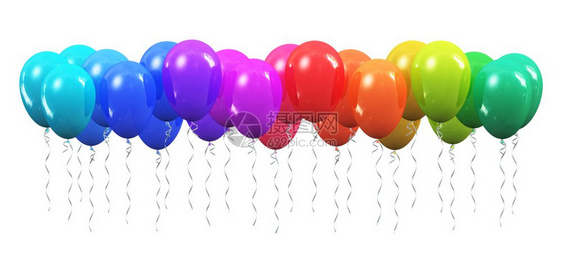 创意抽象节日庆祝概念3D展示彩虹色亮光透明橡胶充气球或白底孤立的图片
