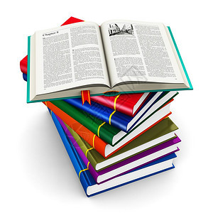 创意抽象科学知识教育重返学校商业和公司办室生活概念一叠彩色硬封面书籍开一本白背景的文字孤立图片