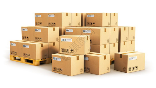 创意抽象货物交付和运输流仓储业商概念3D表示一组白色背景孤立的木船货盘上堆叠装的纸板箱图片