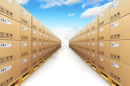 创意抽象托运物流交付和产品分销商业工概念3D表示储存仓库的插箱式纸板和装满货物的木制盘堆叠式纸板箱以蓝色天空和云彩的白色背景与隔图片