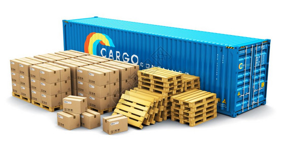 具有创意的抽象货运航物流交付和分销商业概念3D表示蓝金属40英尺货物集装箱和木制托盘上纸板箱堆装的蓝金属40英尺货集装箱和堆叠的图片