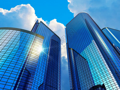 市中心公司商业区建筑概念3D展示玻璃反射办公大楼的玻璃反射图用云和阳光遮挡蓝色天空的摩大厦图片
