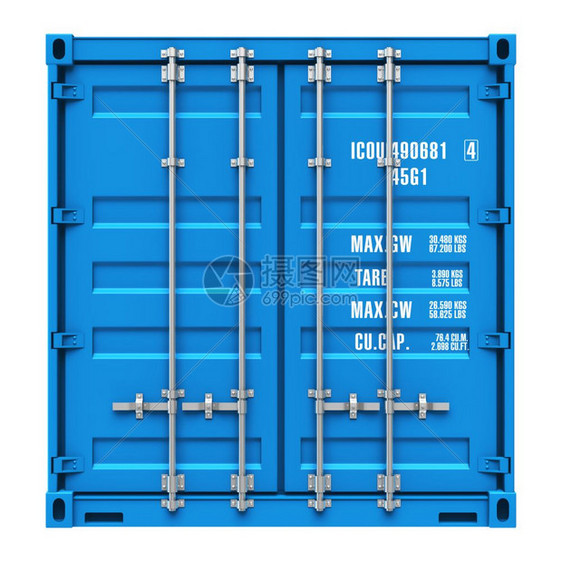 以白色背景隔离的蓝货运集装箱的侧剖面图图片