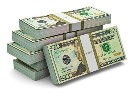 富有创意的抽象银行货币创造和商业成功的金融概念堆叠着20美元钞票白种背景孤立的堆叠图片