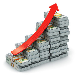 创意抽象商业金融成功增长发展和创造货币概念3D展示了2013年美元新版钞票或白底红箭堆中不断增长的条形图图片