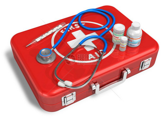 红急救箱的立管镜温度计和药物图片