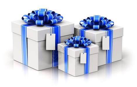 创意抽象的圣诞节或圣诞节新年或生日传统庆祝概念3D表示一组或三件蓝色礼物或提供盒式容器装有闪亮的彩色金属丝带弓和白色背景上隔开的图片