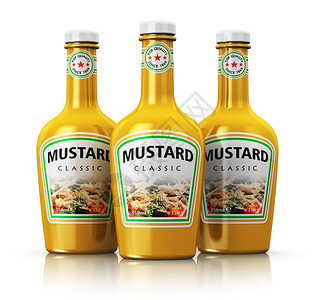 一套塑料瓶在白色背景和反射效果上隔离在白色背景上的黄芥子酱图片