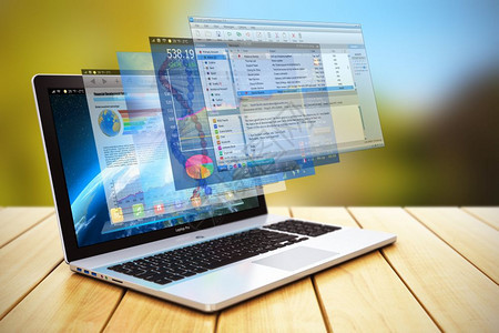 软件应用程序开发和互联网络商务概念3D在户外木制桌上用一组应程序或网页屏幕界面展示笔记本电脑或图片