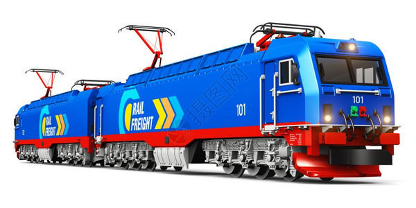 具有创意的抽象铁路货运和输物流业商概念3D将现代蓝色重型货运电动火车机与白色背景隔开图片