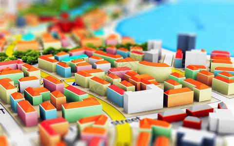 创造抽象的全球定位系统卫星导航旅行游和地点路线规划业务概念3D展示了带有D建筑的微型彩色城市的宏观点具有选择重点效果图片