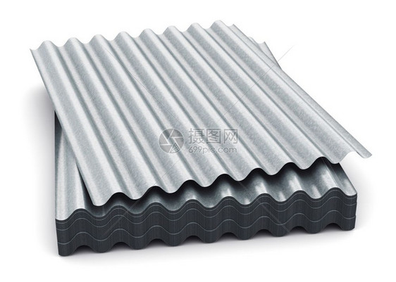 创意抽象3D表示屋顶和建筑工业的堆叠或一组金属钢锌镀板或的波浪成形剖面板以白色背景隔离图片