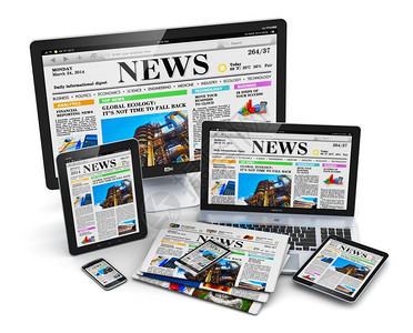 现代计算机媒体设备概念台式监视器办公室膝上型计算机平板电脑和黑色光滑触摸屏智能手机网上络商业新闻在屏幕和白背景孤立的彩色报纸堆叠图片