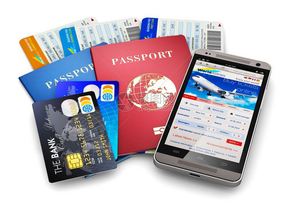 创意抽象商务旅行和游概念机票或登证护照带在线机票的触摸屏幕智能手机在线票预订或互联网应用程序和白背景孤立的信用卡图片
