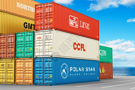 具有创意的抽象货运航物流交付和分销商业概念3D说明海港码头堆积的40英尺高重金属集装箱图片