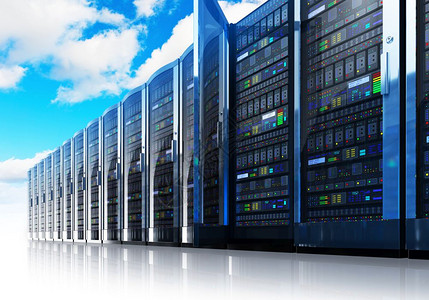 创造抽象云计算和机网络商务通信概念3D显示数据中心网络服务器与蓝天相对的网络服务器行数云在白色背景上孤立产生反射效果图片