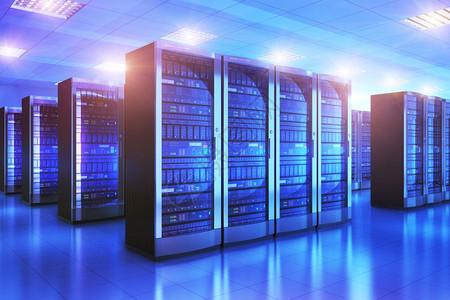 现代网络和互联电信技术大数据存储和云计算机服务业概念3D以蓝光数据中心显示服务器室的内部图片